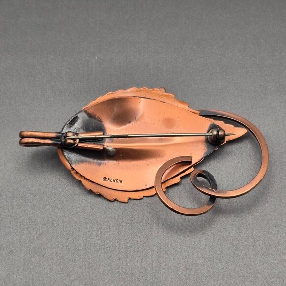 VTG Renoir Copper 'Leafsong' Brooch Pin Curling Stem Design Nature Signed - Picture 3 of 6